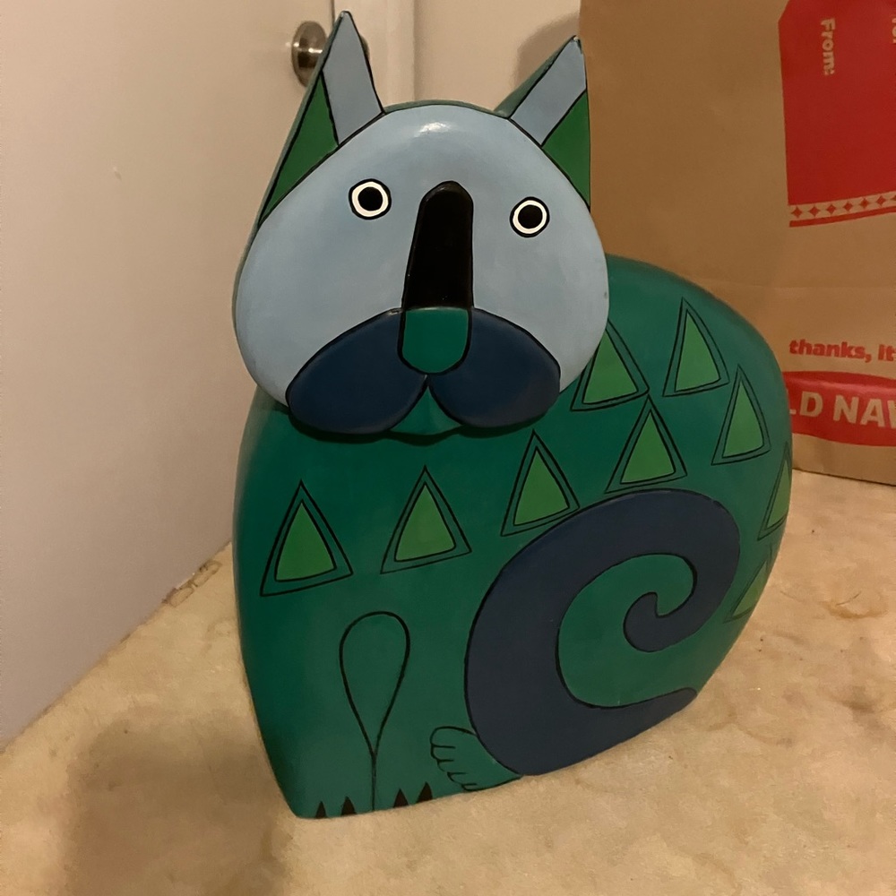 Vintage wooden cat laurel burch like 1980s signed Robin Lynn decor